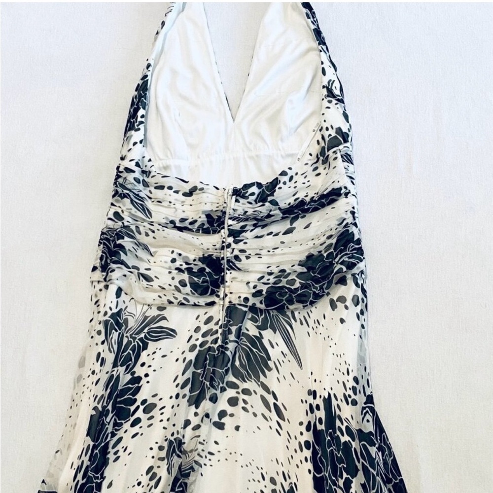 Tadashi silk halter dress Women’s 12 black white midi floral cocktail pleated. - Picture 11 of 14